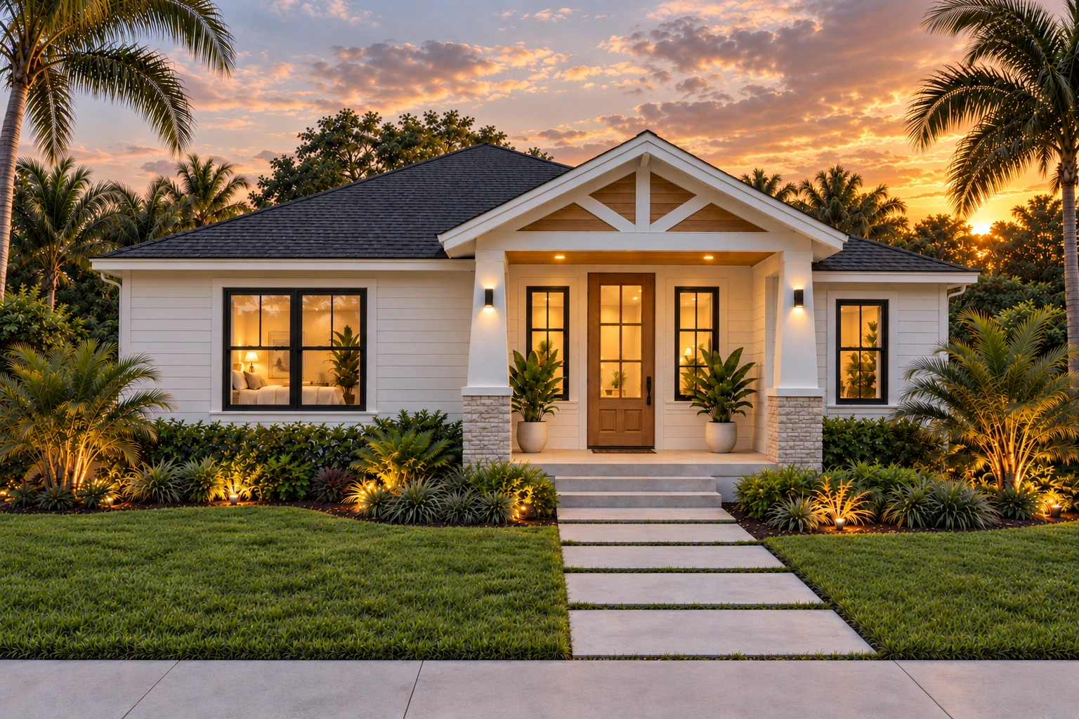 Project visualization of the St. Petersburg Residence exterior at dusk, with light siding, dark window frames and a wood front door.