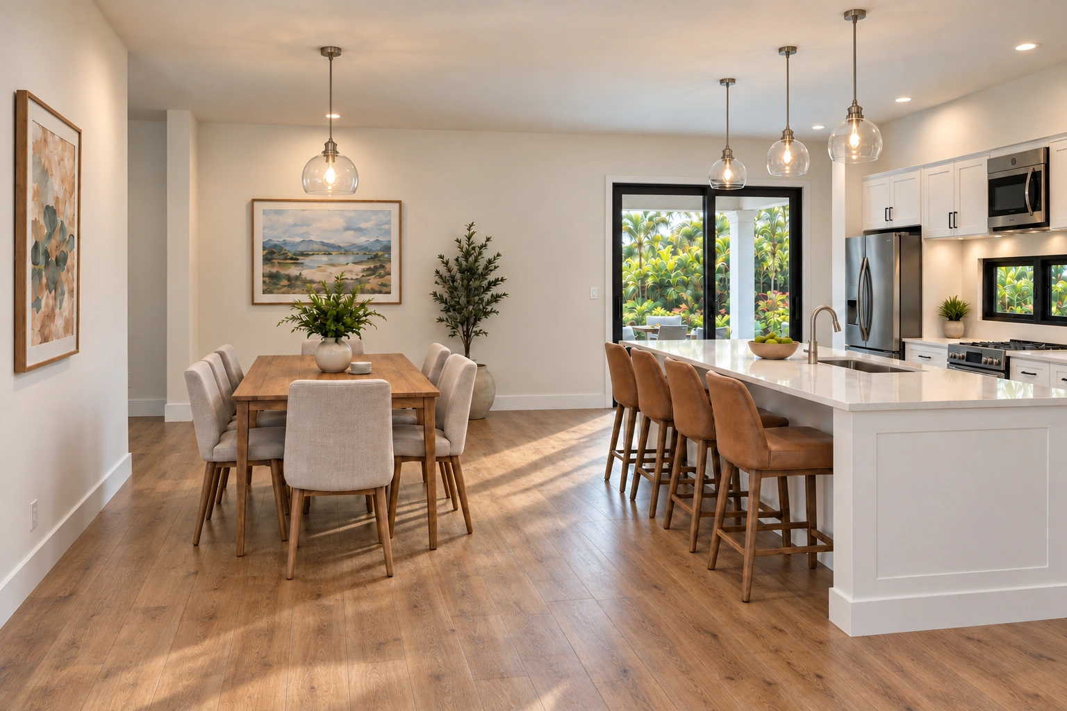 Project visualization of the kitchen and dining areas, with a central island, white cabinetry and an opening toward the lanai.