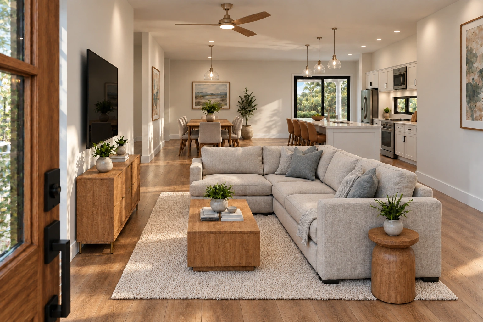 Project visualization of the open living area with soft seating, wood tones and views toward the dining area and kitchen.