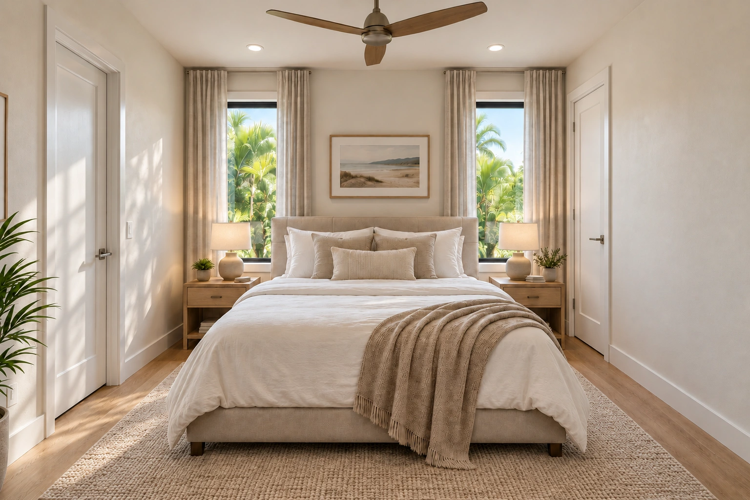 Project visualization of the primary bedroom with warm neutral finishes, wood bedside tables and two windows.